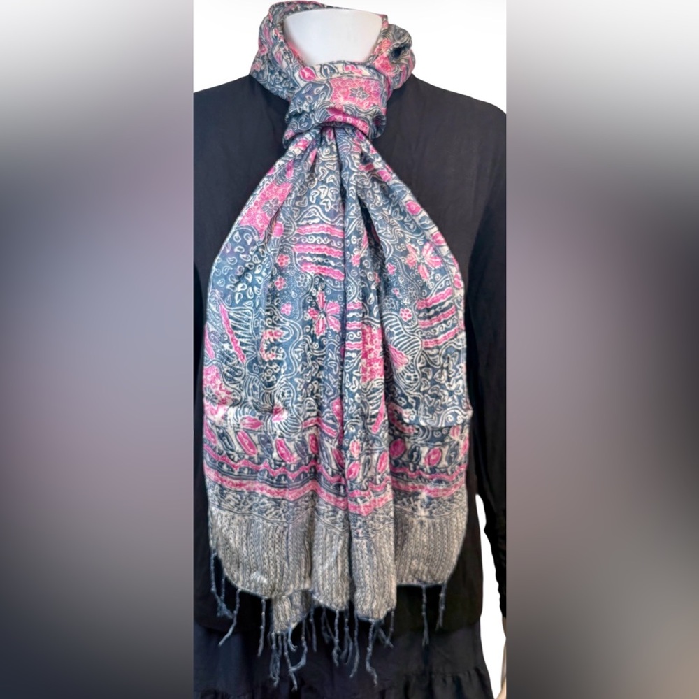 Silk Paisley Scarf with Fringe Boho Gray Pink Wrap Shawl